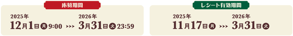 応募期間：2025年12月1日9:00～2026年3月31日23:59　レシート有効期間：2025年11月17日～2026年3月31日
