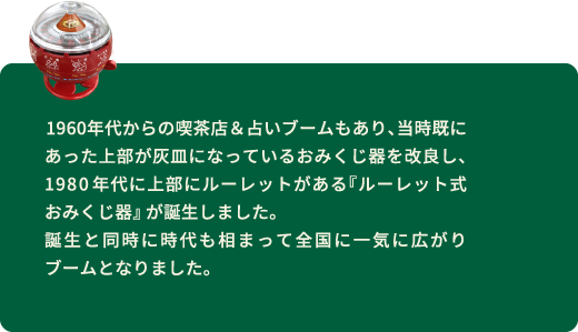 1960年代からの喫茶店＆占いブームもあり、当時既にあった上部が灰皿になっているおみくじ器を改良し、1980 年代に上部にルーレットがある『ルーレット式おみくじ器』 が誕生しました。