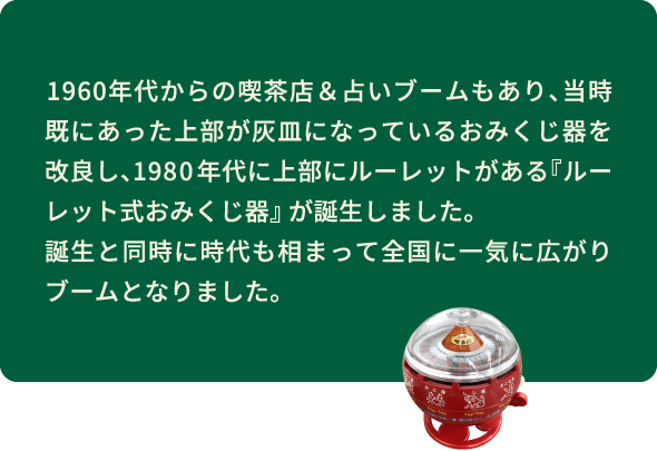 1960年代からの喫茶店＆占いブームもあり、当時既にあった上部が灰皿になっているおみくじ器を改良し、1980 年代に上部にルーレットがある『ルーレット式おみくじ器』 が誕生しました。